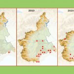 Carta di distribuzione della specie in Piemonte 1982-2023. Base cartografica A. Selvaggi IPLA, aggiornamenti A. Isaja su risorsa Open source Geoportale Piemonte