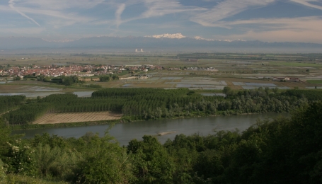 Panorama sulla pianura del Po: in primo piano le pendici boscate di Rocca delle Donne, quindi il Po bordato da pioppeti (Foto T. Farina)
