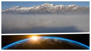 Sopra: Rocciamelone, smog e foschia dal Sacro Cuore (foto L. Giunti). Sotto, alba sulla Terra (Pixabay)