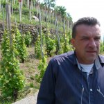 Il Sindaco di Pomaretto Danilo Breusa sui terrazzamenti delle vigne della Valle Germanasca.