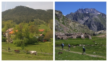 A sinistra, Capanne di Marcarolo (Appennino piemontese); a destra, un'escursione nel Parco Alpi Marittime | Foto T. Farina