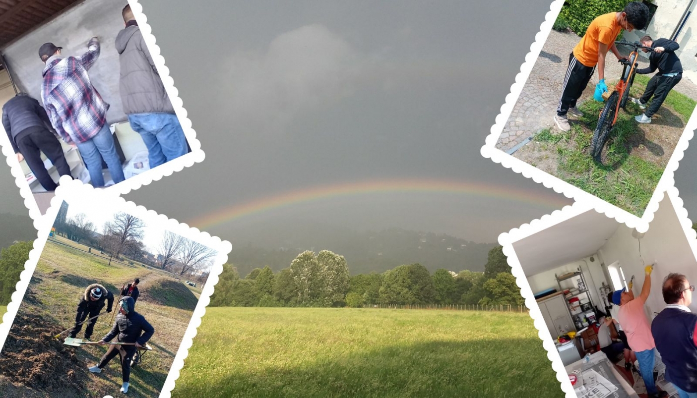 Sfondo: il Parco Le Vallere (foto: E. Castello); In primo piano: momenti di lavoro nel parco (Foto educatori del servizio ETD) 
