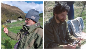 Da sx: un'immagine recente di Bruno Frache con uno zigolo giallo; nel  1997 con un frosone - Foto D. Rosselli