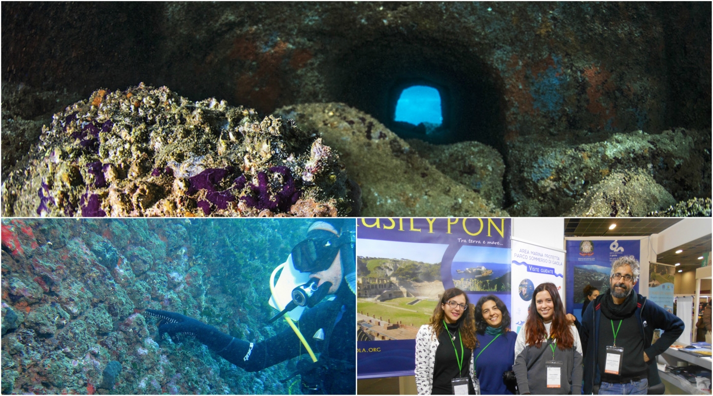 Alcuni scorci dell'Area Marina Protetta e, in basso. gli operatori del parco: da sx, Anna Del Giudice, Paola Masucci, Eliana Barra, Maurizio Simeone 