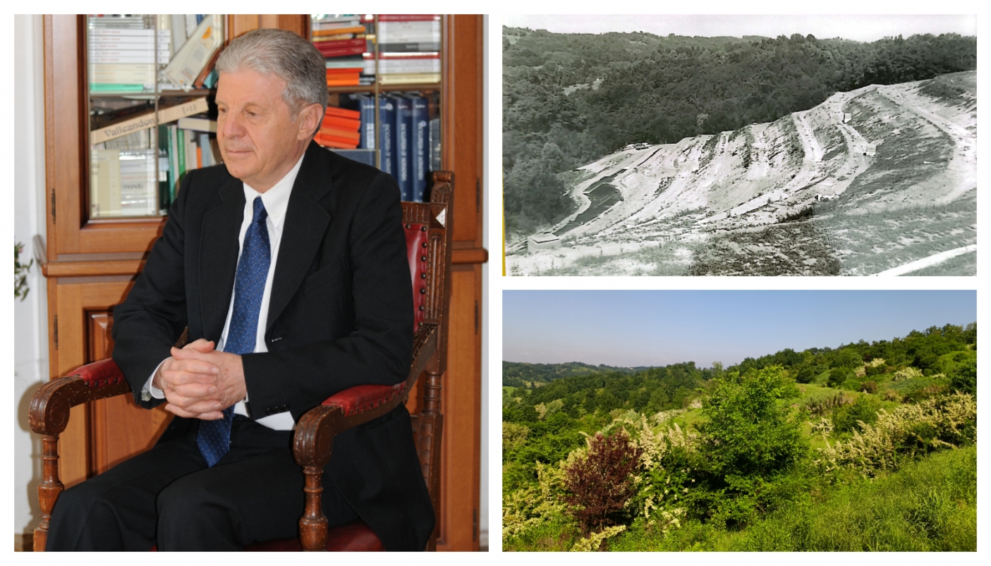 Da sx in senso orario: Don Berzano, i gradoni della discarica di Valle Manina e la stessa area oggi - Foto arch. EGAP del paleontologico dell'astigiano 