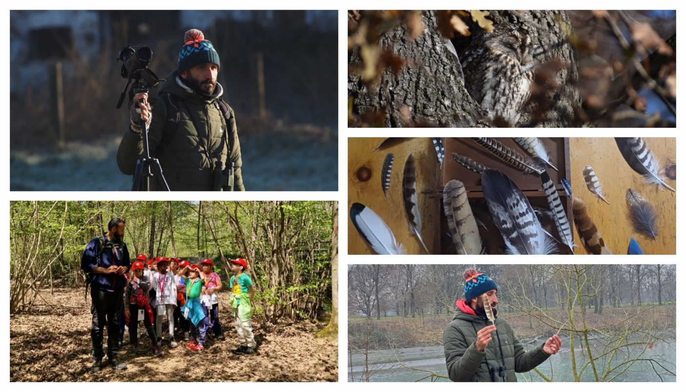 Da sx in alto (senso orario): Gianluca con la sua camera (Foto A. Girodo), Allocco nel parco La Mandria e collezione di penne (Foto G. Simonetta), Gianluca con penna di allocco e durante un'escursione nel Parco (Foto  A. Girodo) 