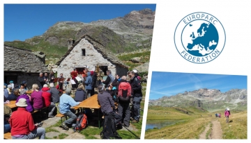 A sinistra, Alpe Forno; a destra, il logo di Europarc e una camminata all'Areola (foto arc. Ente parco) 