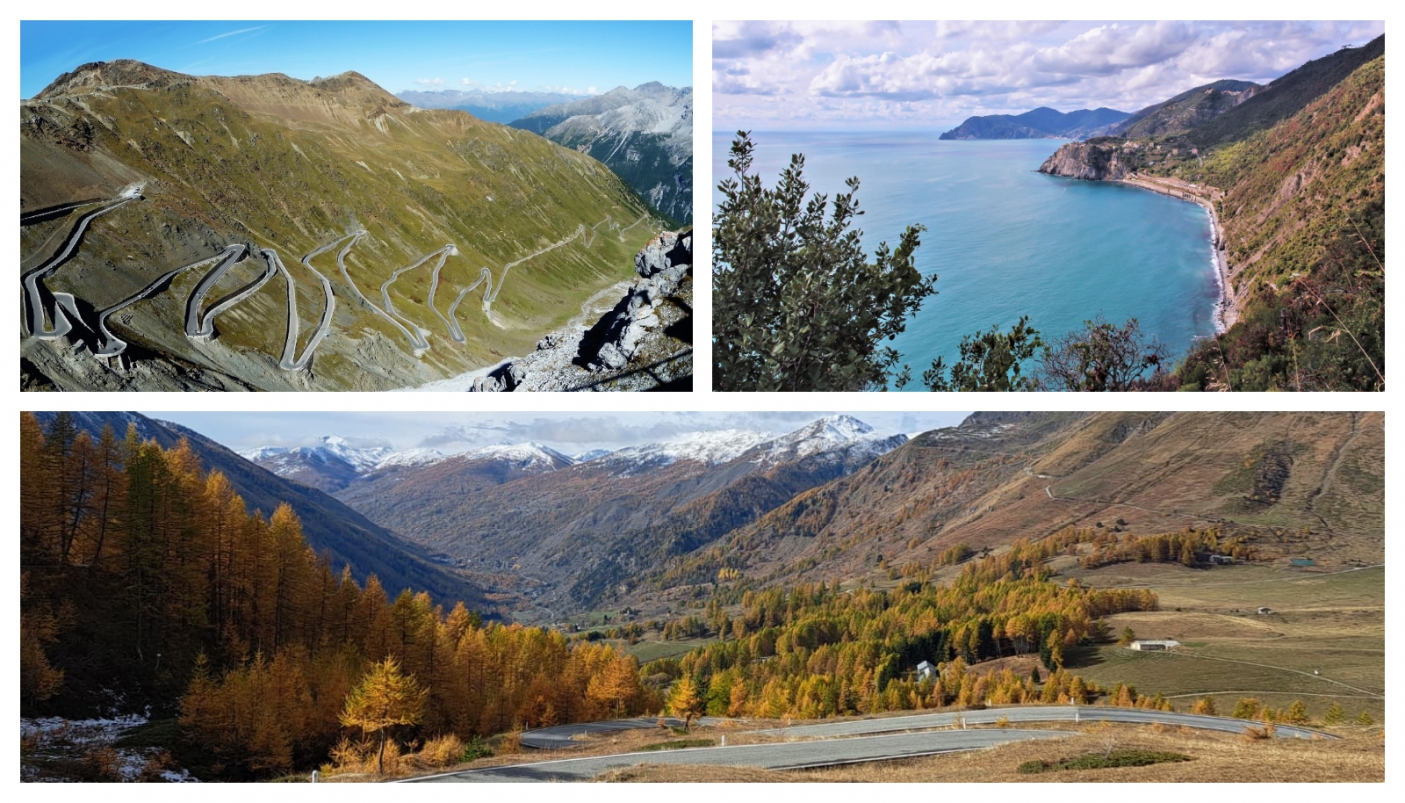 Da sx in alto (senso orario): Passo dello Stelvio, sentiero litoraneo alle Cinque Terre, la SP 173 dell'Assietta - Foto tratte dai siti internet istituzionali dei parchi 