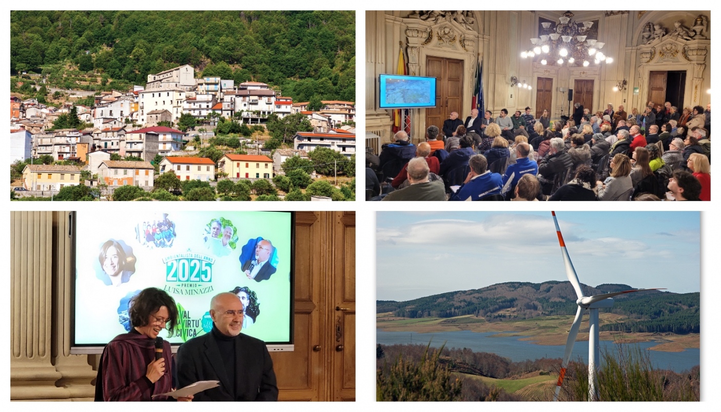 Da sx in alto (in senso orario): veduta di San Sostene (CZ), il pubblico durante la cerimonia premiazione, Parco eolico di San Sostene, il sindaco Aloisio riceve il riconoscimento. Foto di San Sostene tratte dal sito del Comune; Foto della cerimonia di R. Amelotti