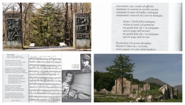 Da sx in alto (in senso orario): il sacrario, il testo dell'inno, I ruderi della cascina della Benedicta, collage di musica testi e foto degli autori dell'inno Foto p.g.c. EGAP Appennino piemontese